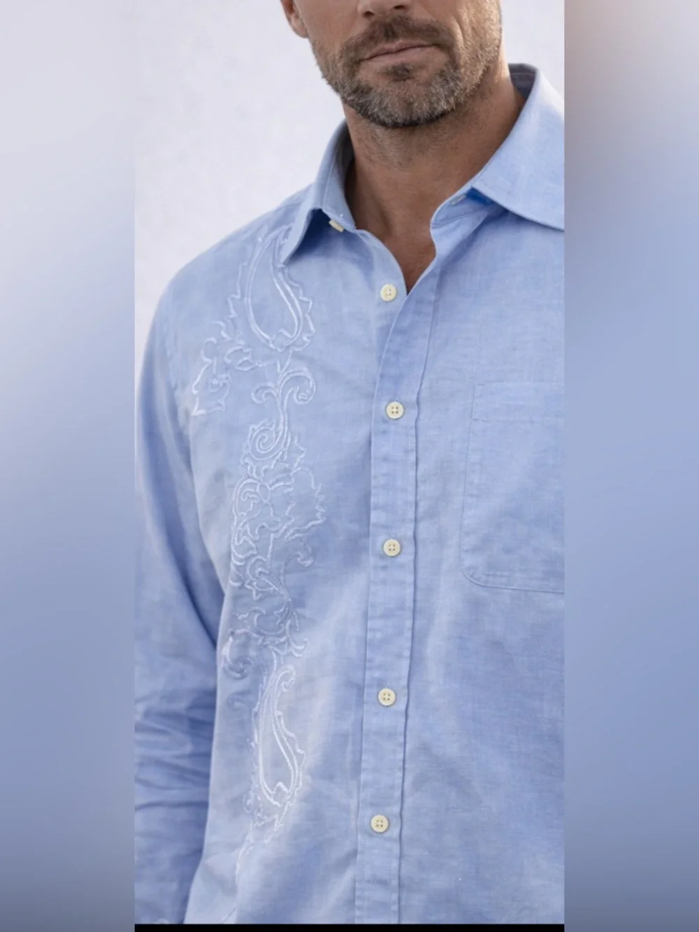 Nat Nast Luxury Originals Men’s XL Blue 100% Linen Button Up Shirt Embroidered